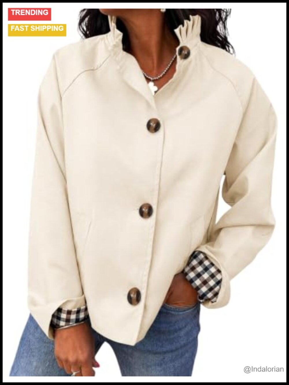 Hooever Cropped Trench Coat Button Down Stand Collar Polyester Casual Jacket